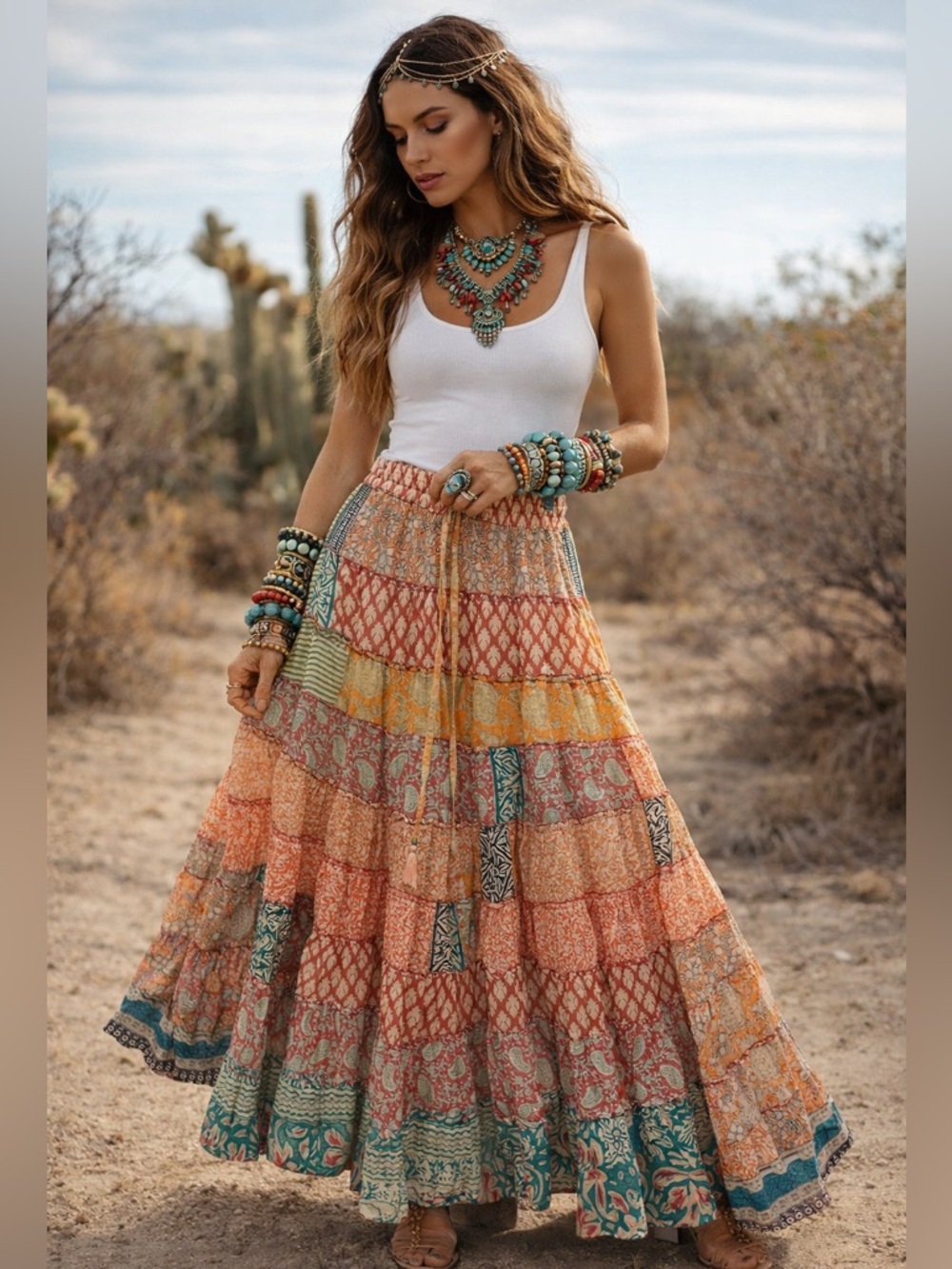 Karma Highway Boho Patchwork Multicolor Maxi Skirt